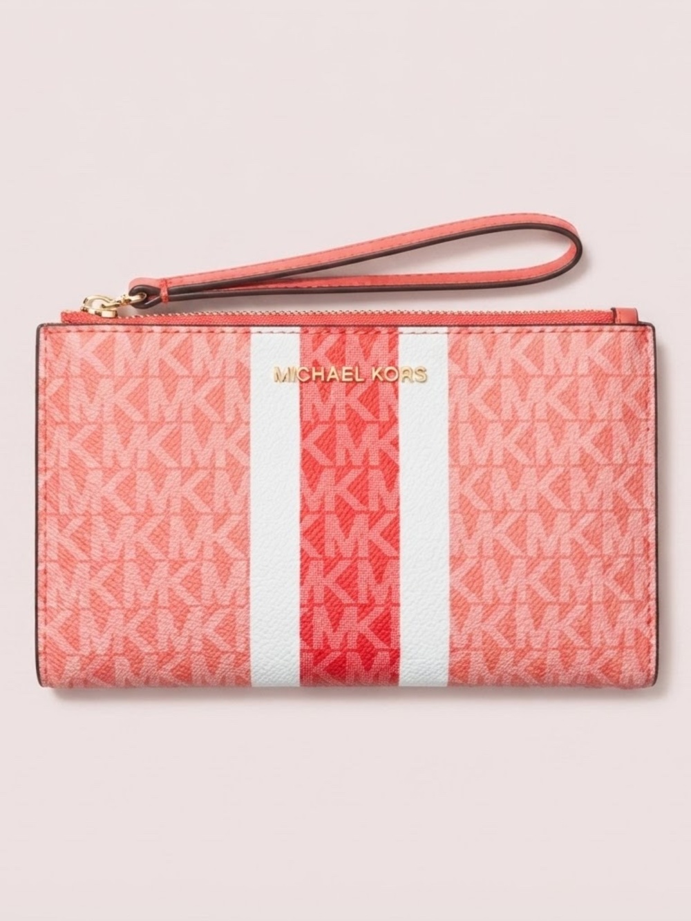 NWT Michael Kors Coral Pink Signature Stripe Zip Wallet